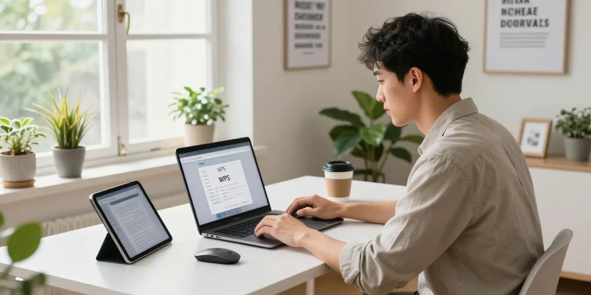 Engaged professional downloading WPS Download on a sleek laptop in a bright home office.