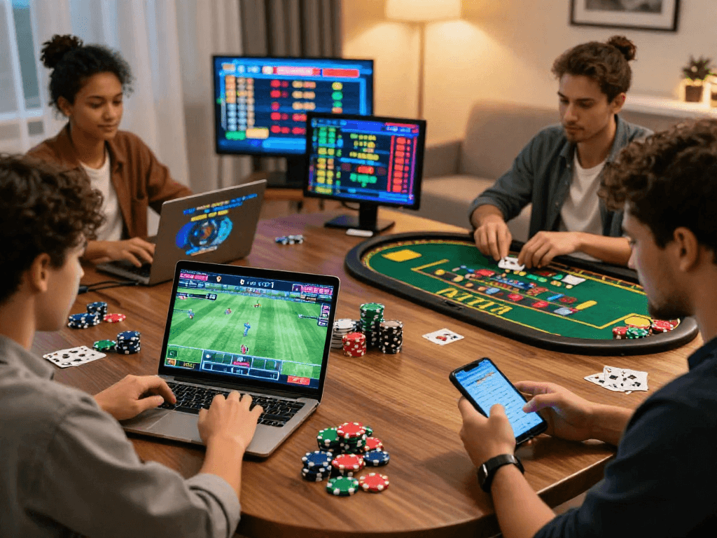 Experience the excitement as players gamble online in Canada, using laptops and tablets amidst vibrant gaming visuals.