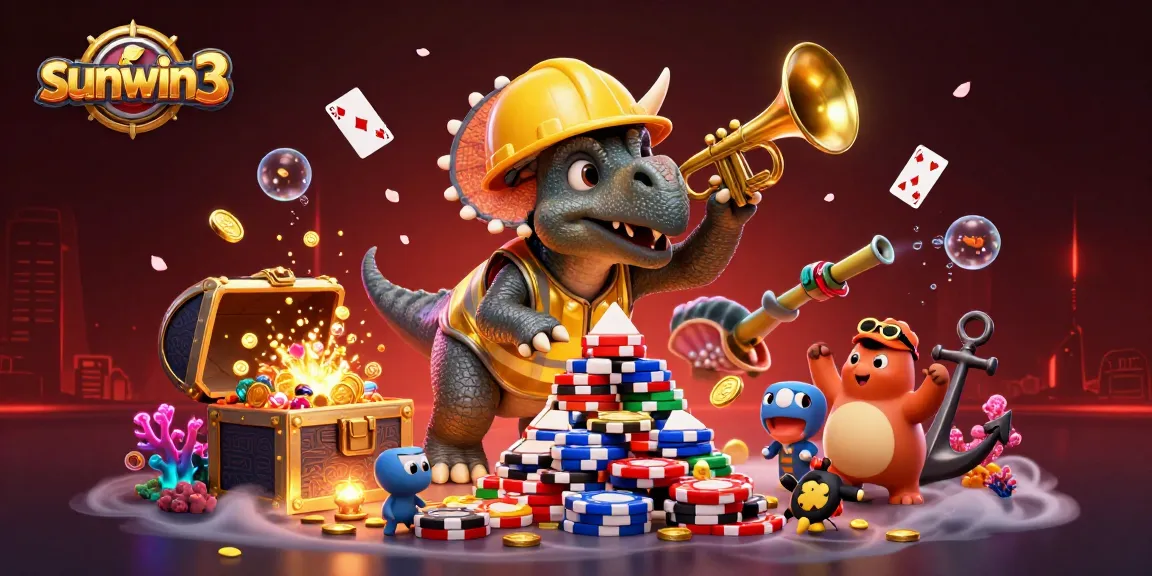 Sunwin3's exciting gaming scene with cartoon dinosaurs and vibrant casino elements.
