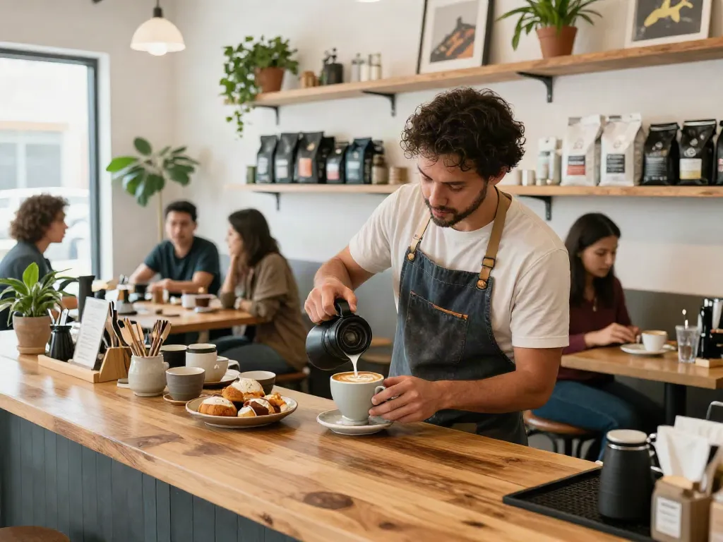 Best franchise alberta café scene with barista making artisan coffee.