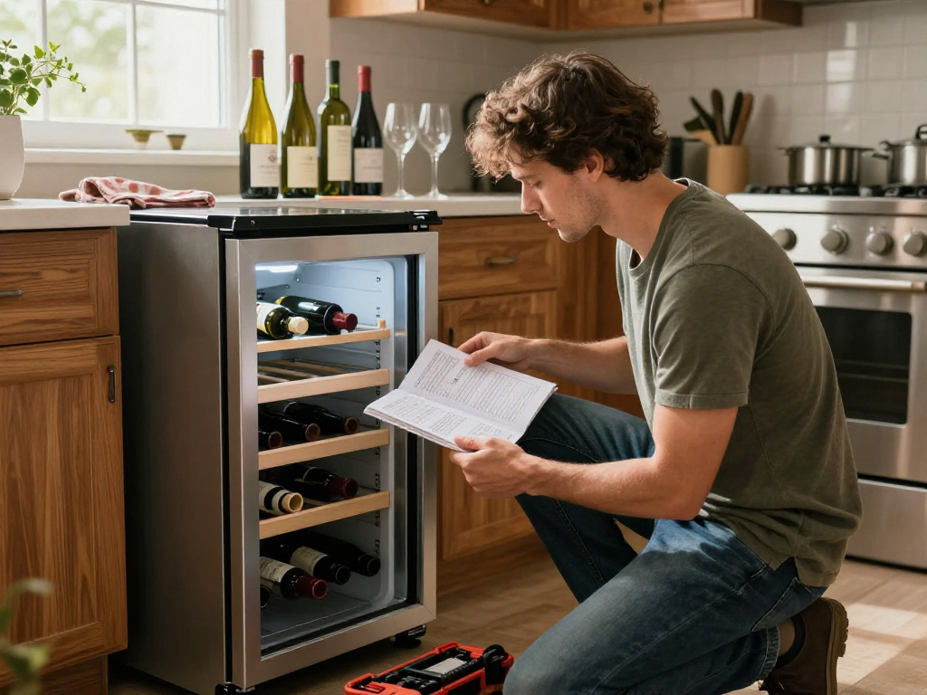 Engaging scene of wine cooler repair with a person troubleshooting the appliance in a cozy kitchen setting.