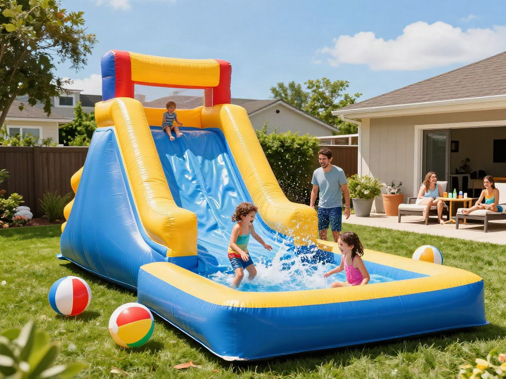 Joyful family playing on a colorful inflatable slide water slide in a sunny backyard.