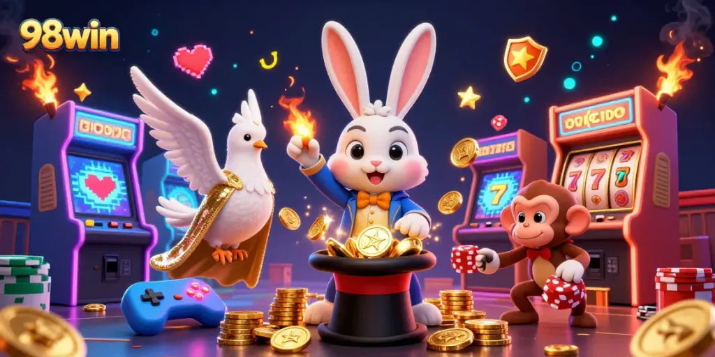 Experience the magic of 98win with a vibrant 3D casino scene featuring engaging characters and slot elements.