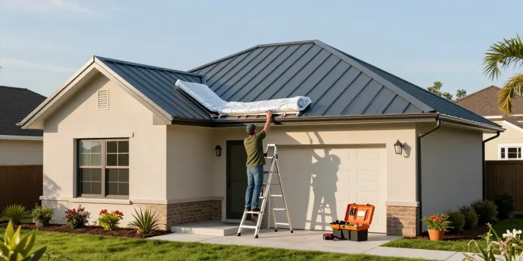 Metal Roofing Services with a homeowner inspecting a sleek standing seam metal roof during installation.