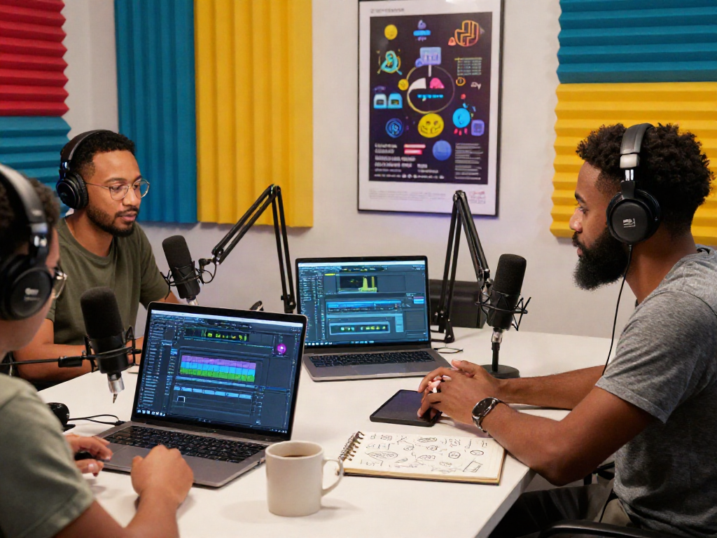Podcasting scene with a vibrant podcast host discussing rokok88 login and creativity.
