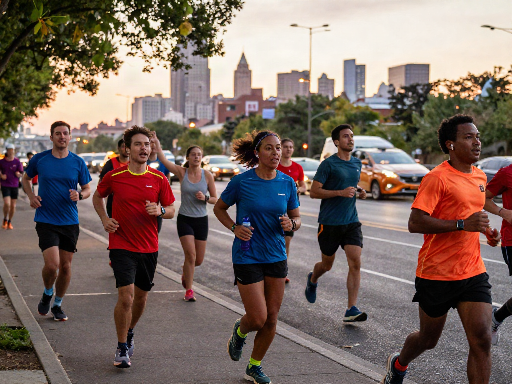Streek reviews highlighted in a vibrant urban running scene with diverse participants and dynamic energy.