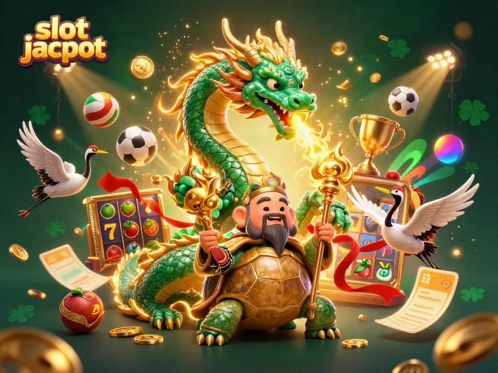 Experience thrilling slot jackpot action with our dynamic dragon and lucky elements illustration.