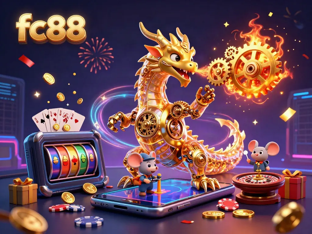 Engage with fc88's thrilling casino experience through this vibrant 3D dragon scene.