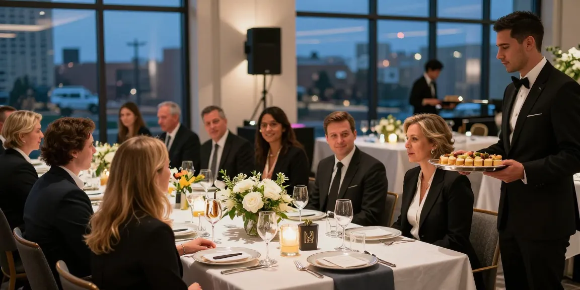 Corporate event planning Mississauga showcased in elegant venue reception, planner consulting with clients.