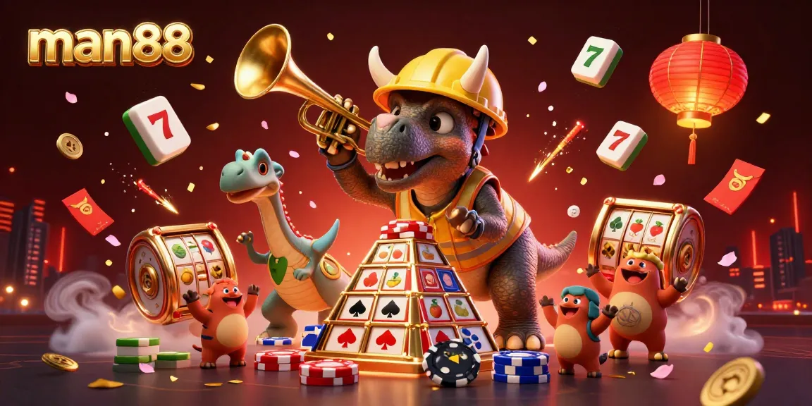 Engaging scene of man88 branding with playful dinosaur characters building poker chip pyramids amidst dynamic casino elements.