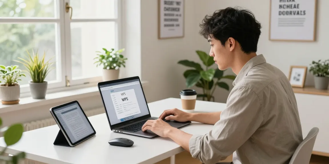 Engaged professional downloading WPS Download on a sleek laptop in a bright home office.
