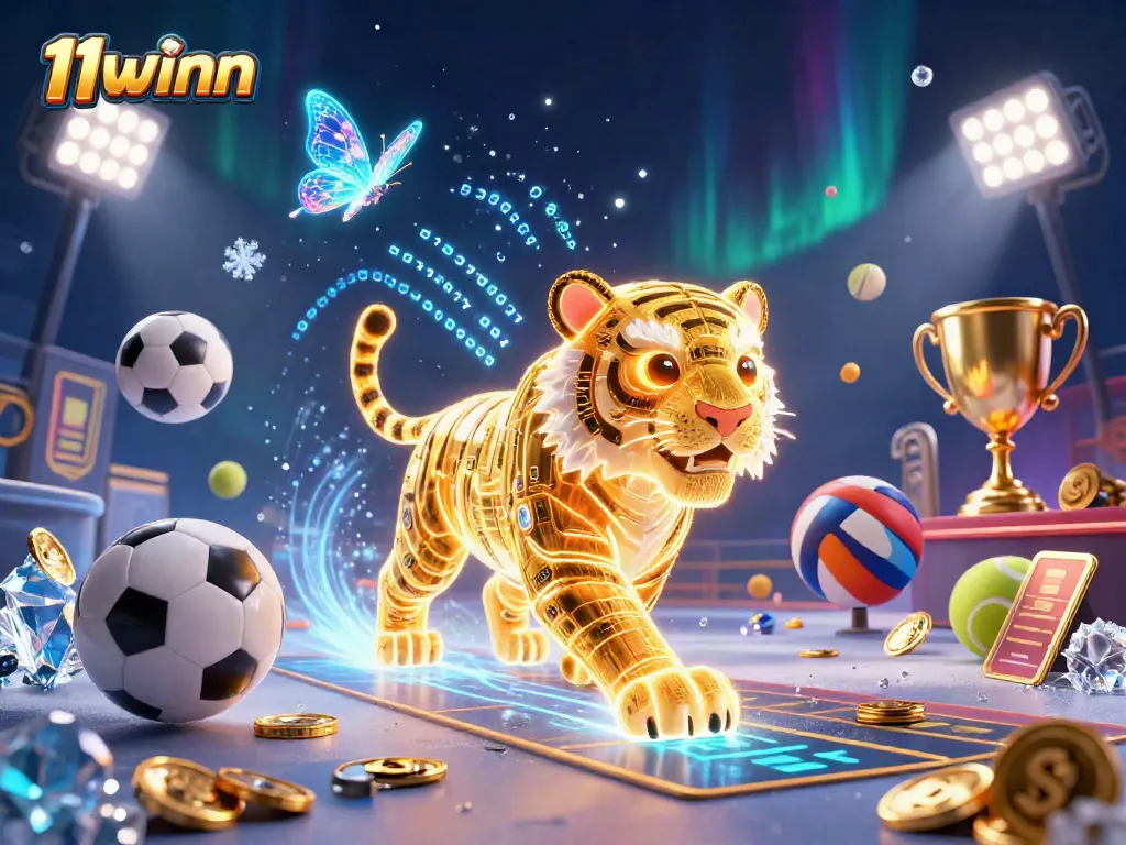 11winn showcases a golden tiger and dynamic sports elements in a vibrant digital casino landscape.