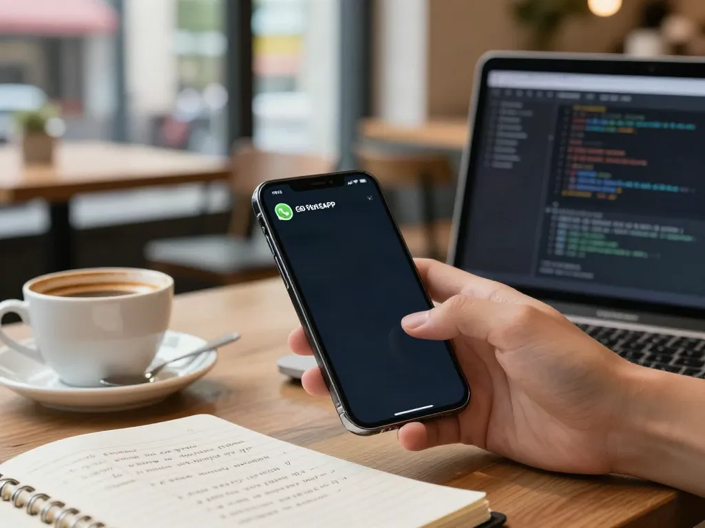 User exploring wa gb features on GB WhatsApp in a cozy café with a laptop and coffee.