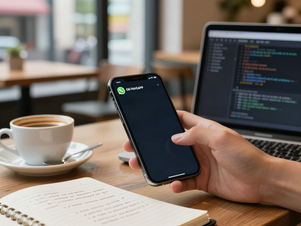 User exploring wa gb features on GB WhatsApp in a cozy café with a laptop and coffee.