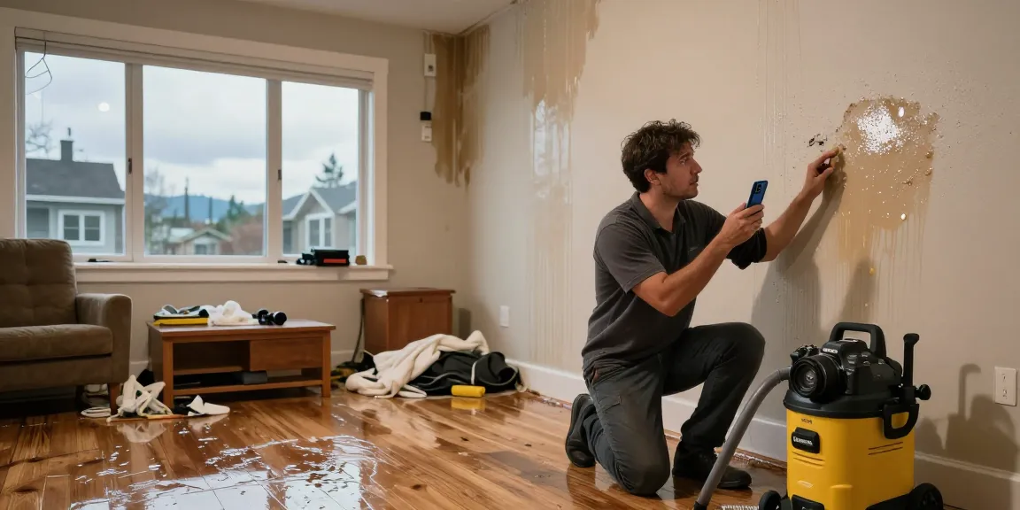 Homeowner assessing water damage restoration in North Vancouver, showing urgent action and professional tools.