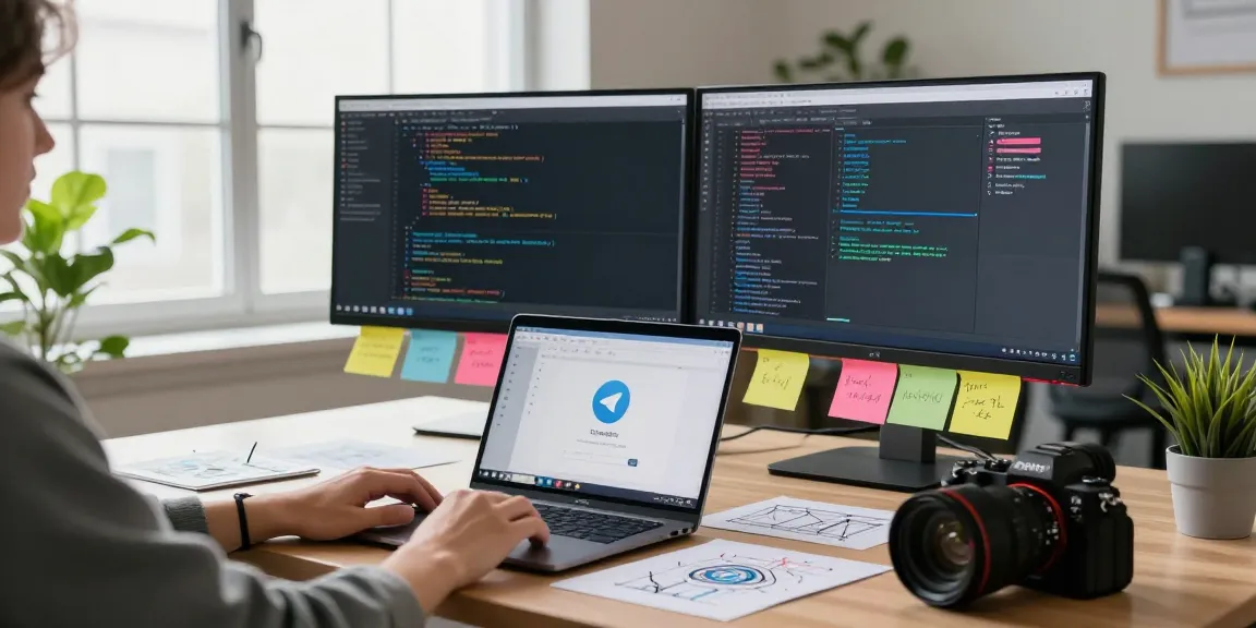 Telegram download showcased on a programmer's laptop in a vibrant tech workspace.